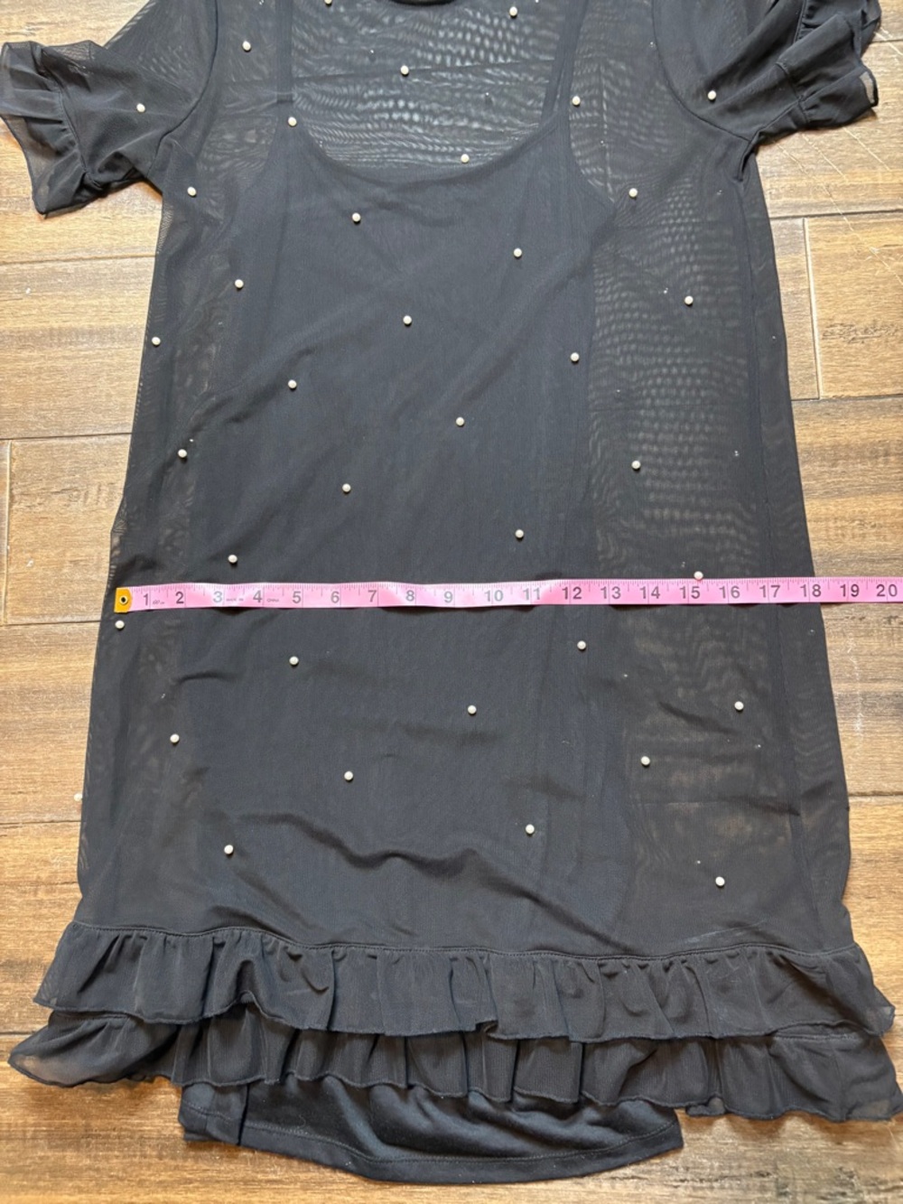 Sz 4 Black Dress Sheer Mesh Pearl Studs & Ruffle Hem, Short sleeve mini bodycon - Picture 5 of 11